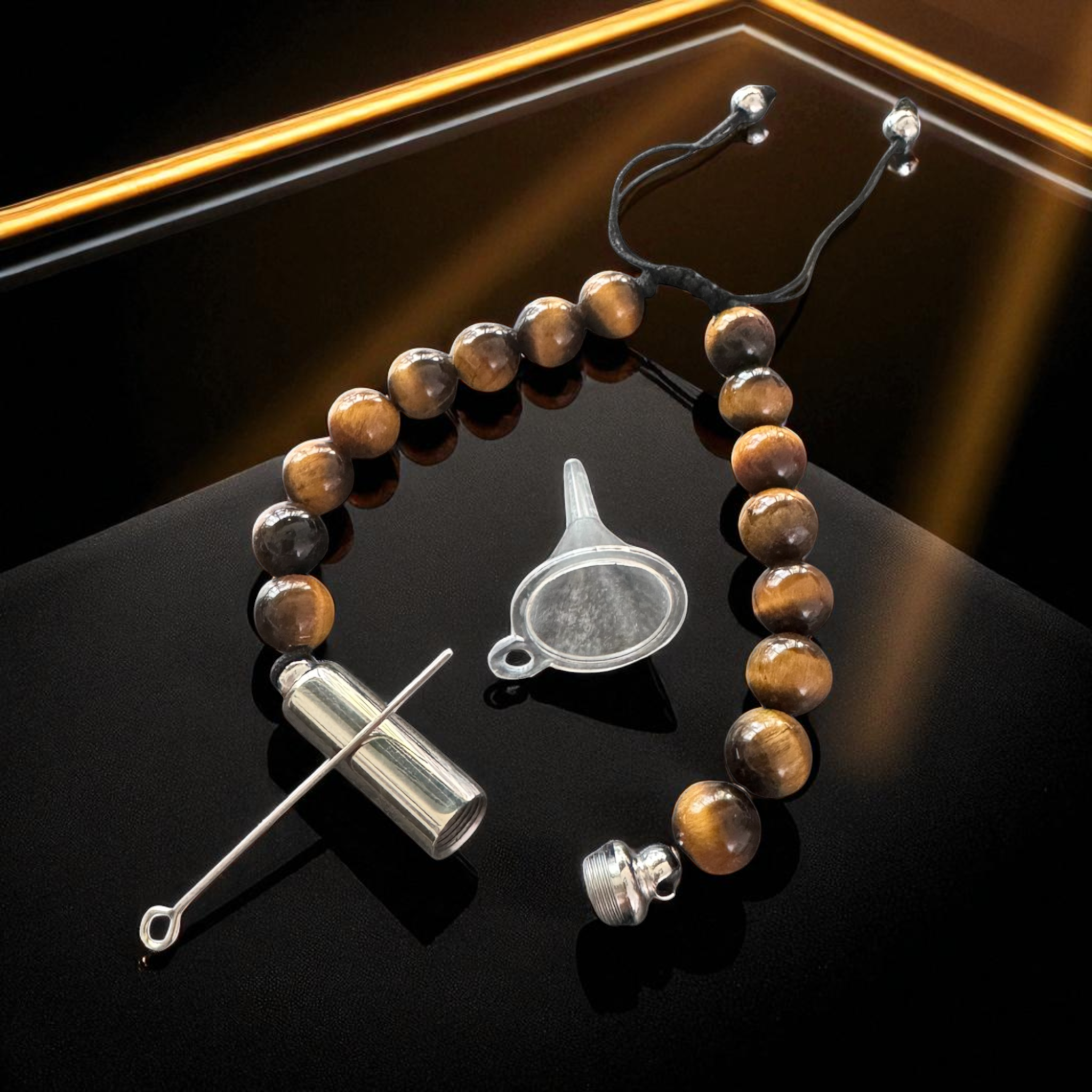 Armband Tigerauge Schwarz/Braun mit Versteck & Füllbarer Kapsel (Silber)