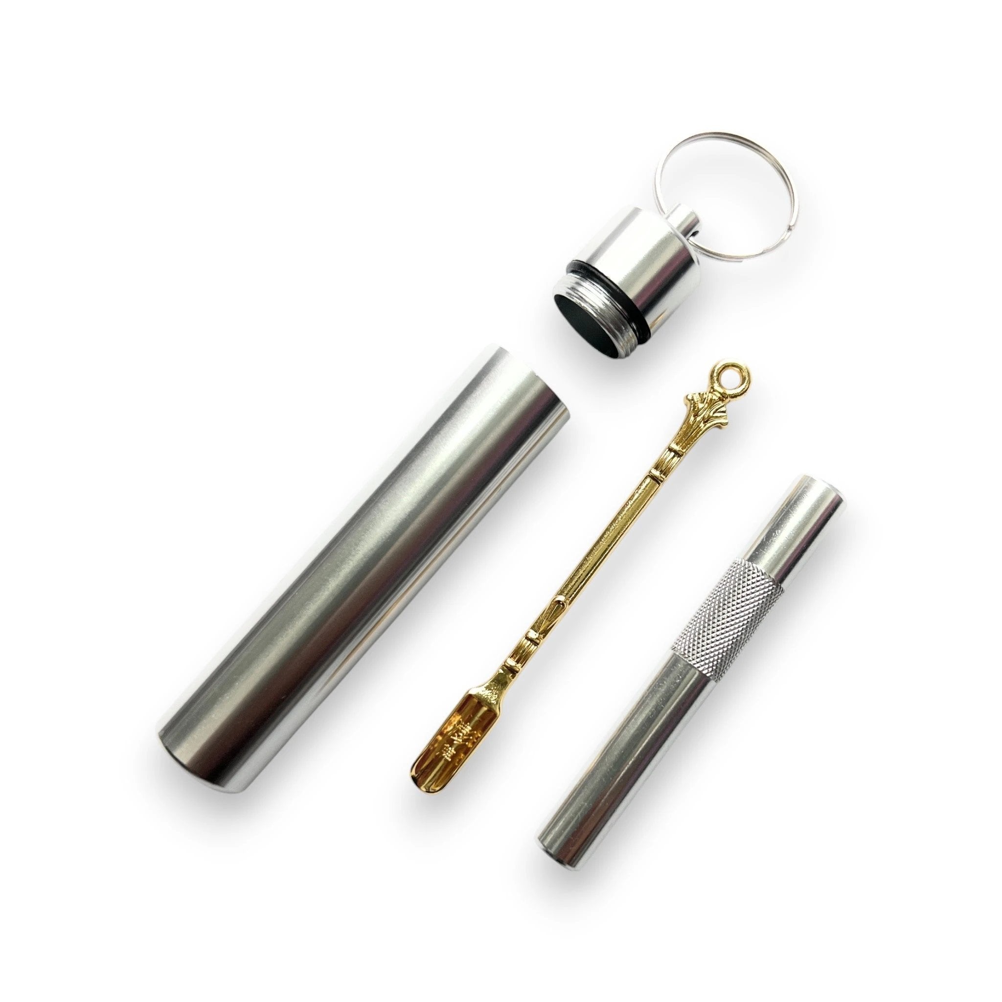 XL Aluminium-Pillenbox mit Schlüsselanhänger, Silbernes Röhrchen & Goldlöffel V3 - from DieBallerei