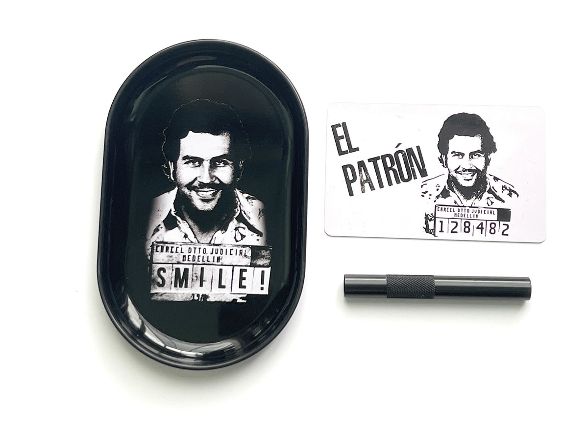 SET Escobar 1x Metall (Blech) Brettchen inkl. Ziehröhrchen und El Patron Karte/Hackkarte - from DieBallerei