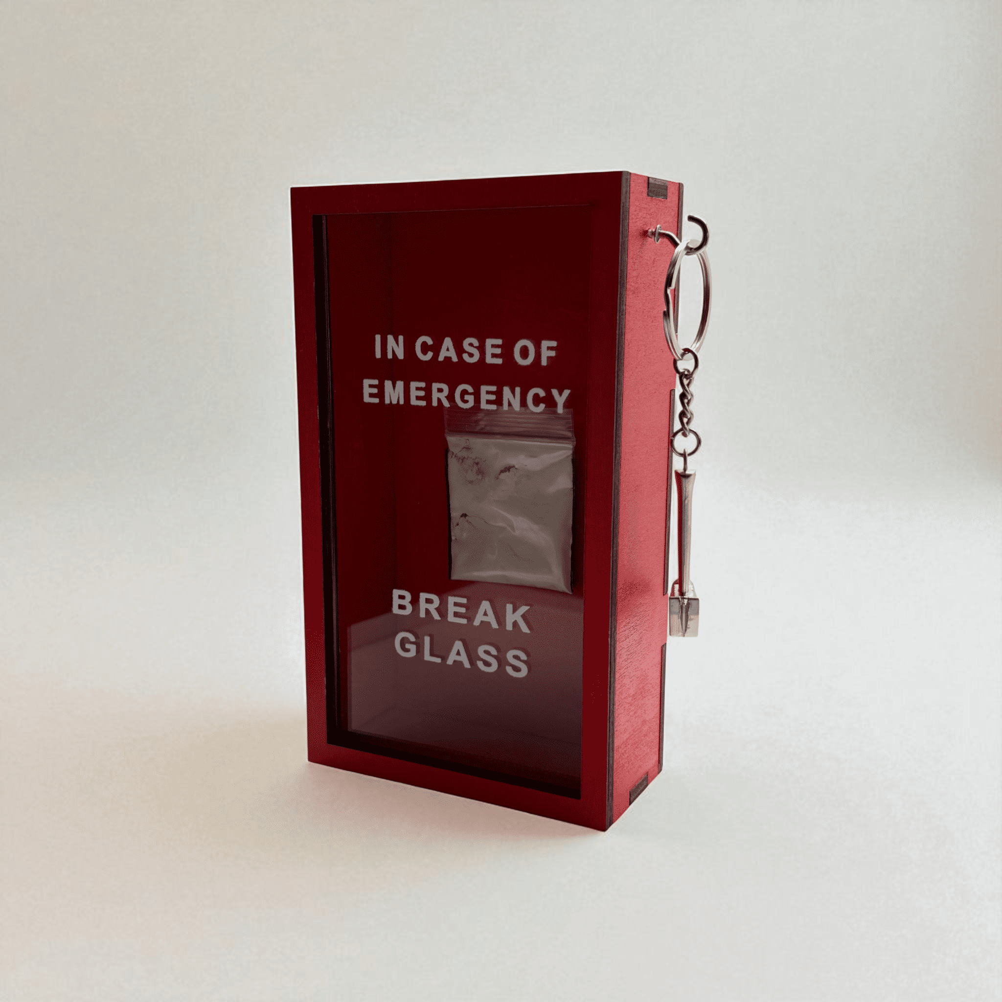 „In Case of Emergency Break Glass“ – Lustige Holzkiste mit Hammer & Kokain-Tütchen-Attrappe | Rote Scherzbox als Geschenkidee für Männer & Frauen