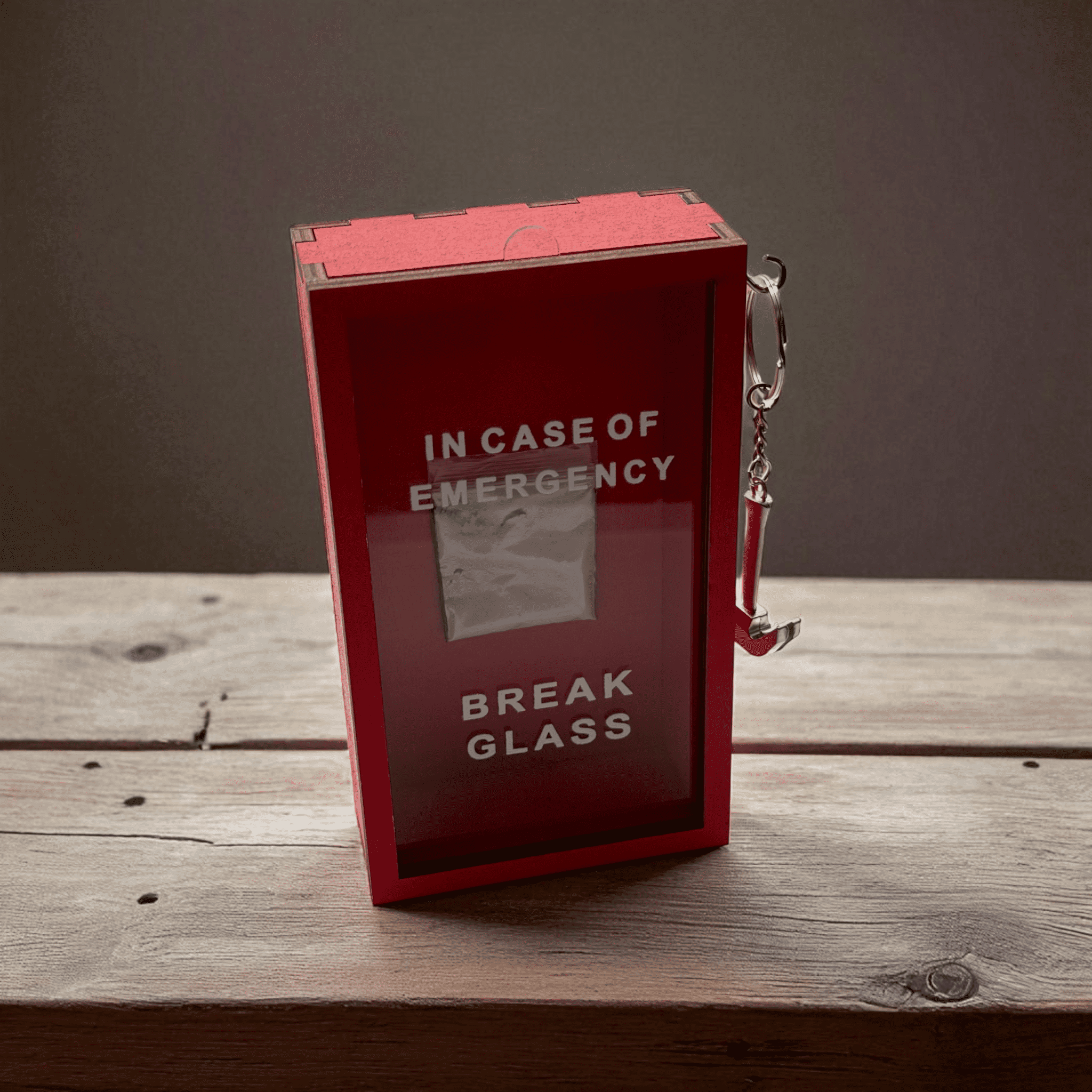 „In Case of Emergency Break Glass“ – Lustige Holzkiste mit Hammer & Kokain-Tütchen-Attrappe | Rote Scherzbox als Geschenkidee für Männer & Frauen