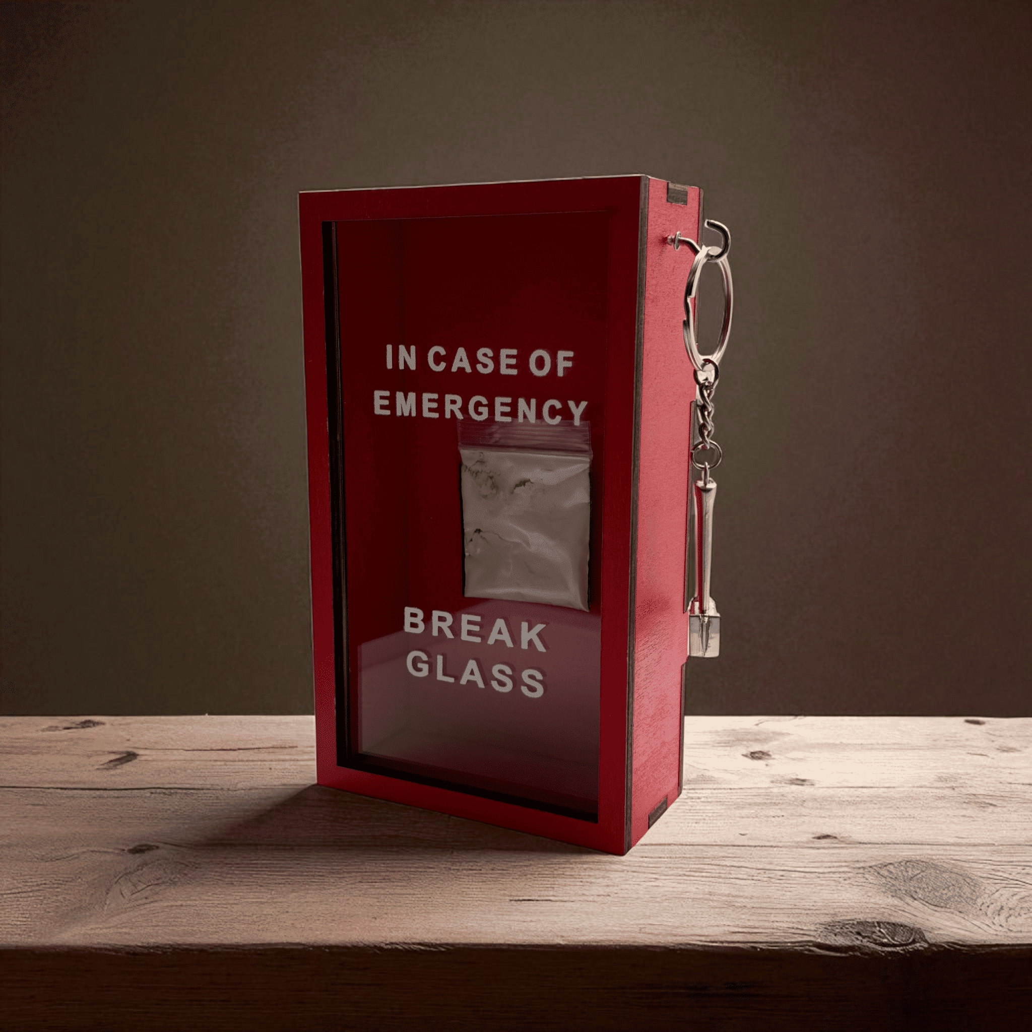 „In Case of Emergency Break Glass“ – Lustige Holzkiste mit Hammer & Kokain-Tütchen-Attrappe | Rote Scherzbox als Geschenkidee für Männer & Frauen