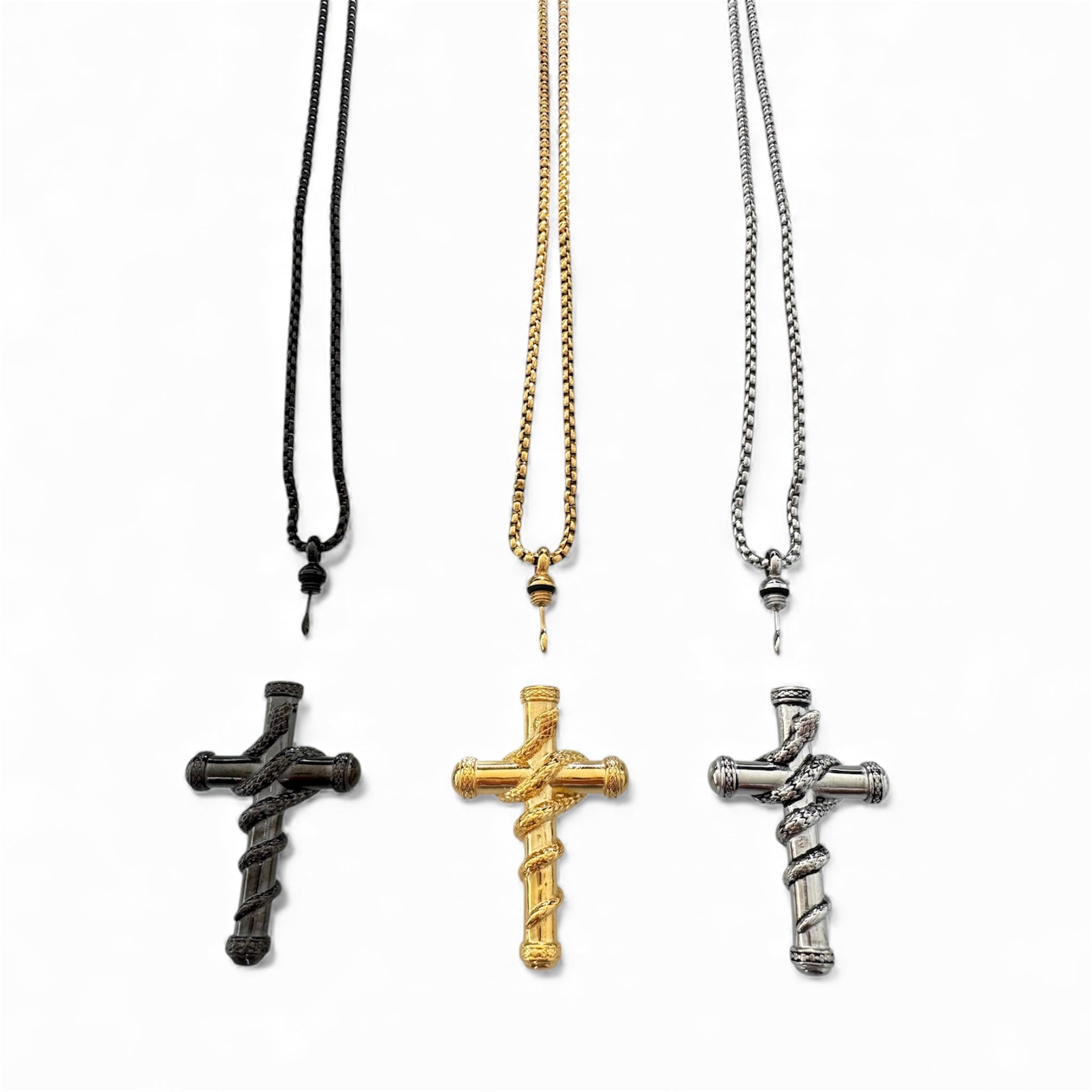 Massive Kreuz-Halskette mit Löffel – Snake Wrapped Design in Gold, Silber und Schwarz