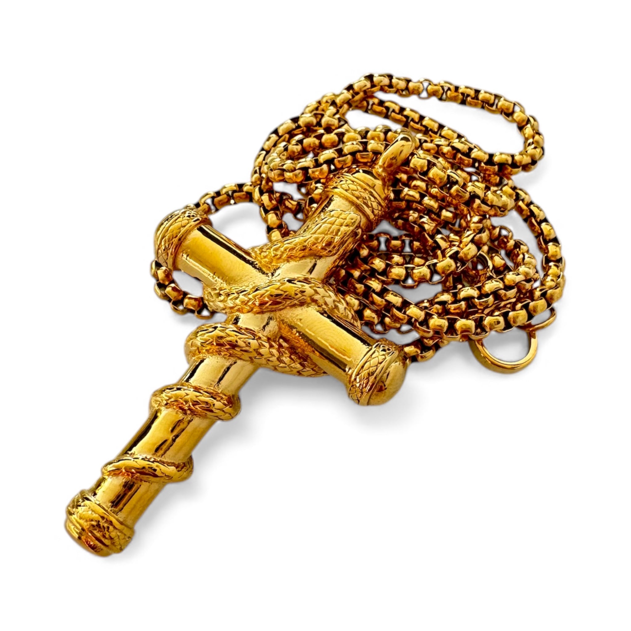 Massive Kreuz-Halskette mit Löffel – Snake Wrapped Design in Gold, Silber und Schwarz