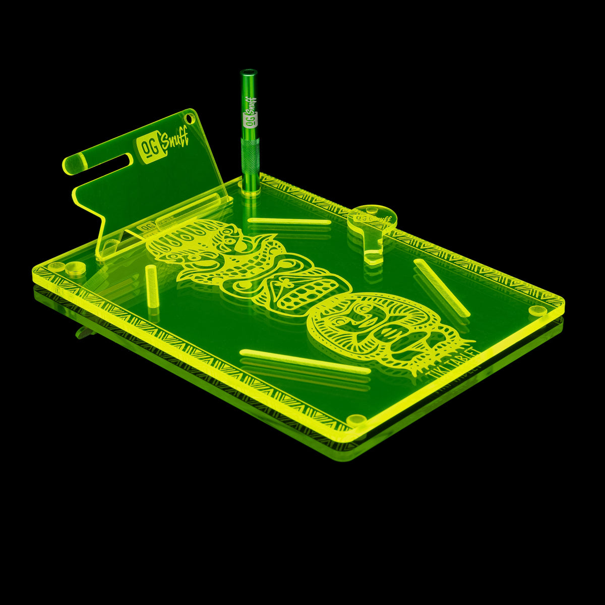OG Snuff Acid Green (UV) Tiki Tablet – leuchtendes Acrylbrett mit Tiki-Design