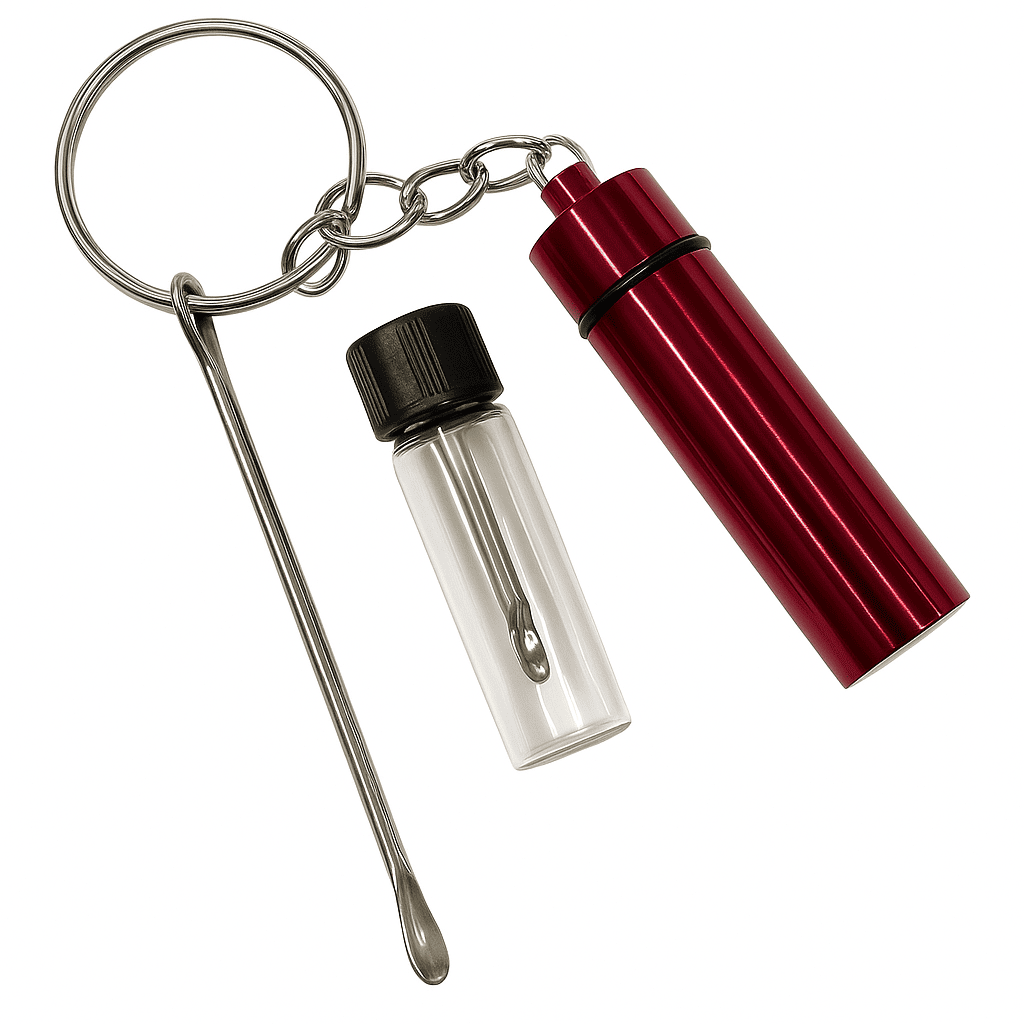 Baller-Fläschchen & Aluminium-Pillenbox mit Löffel – Rot - Praktisch & stilvoll