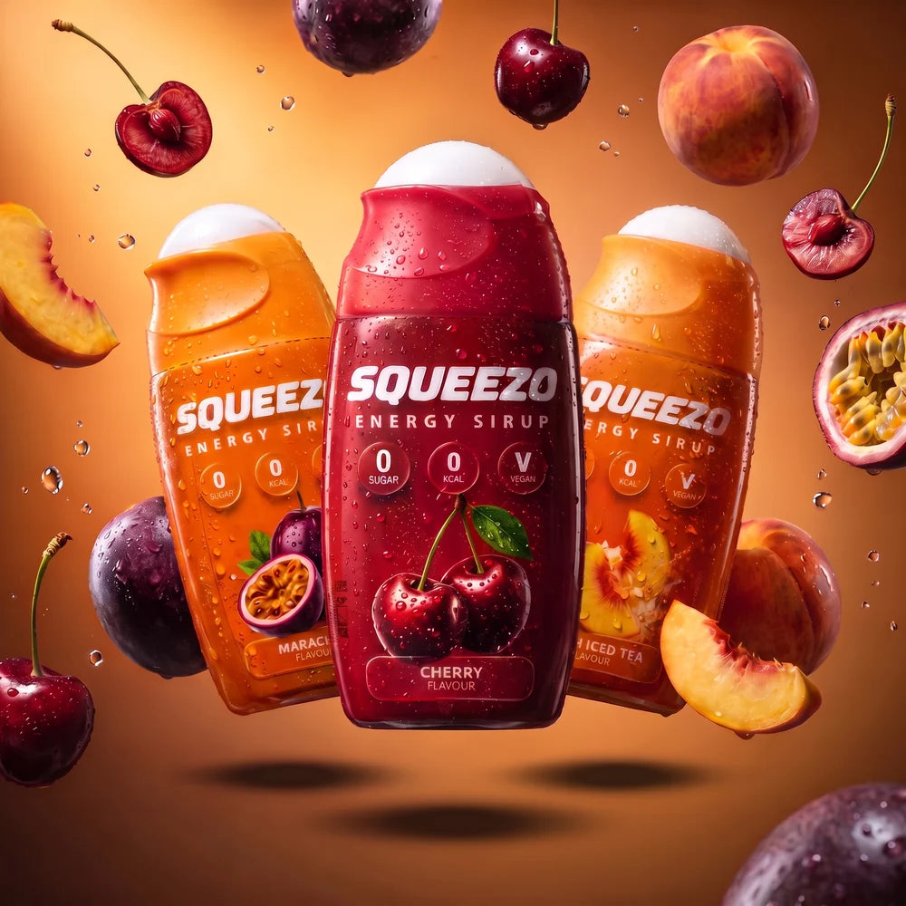 SQUEEZO Energy-Sirup – Cherry, Maracuja & Peach Iced Tea
