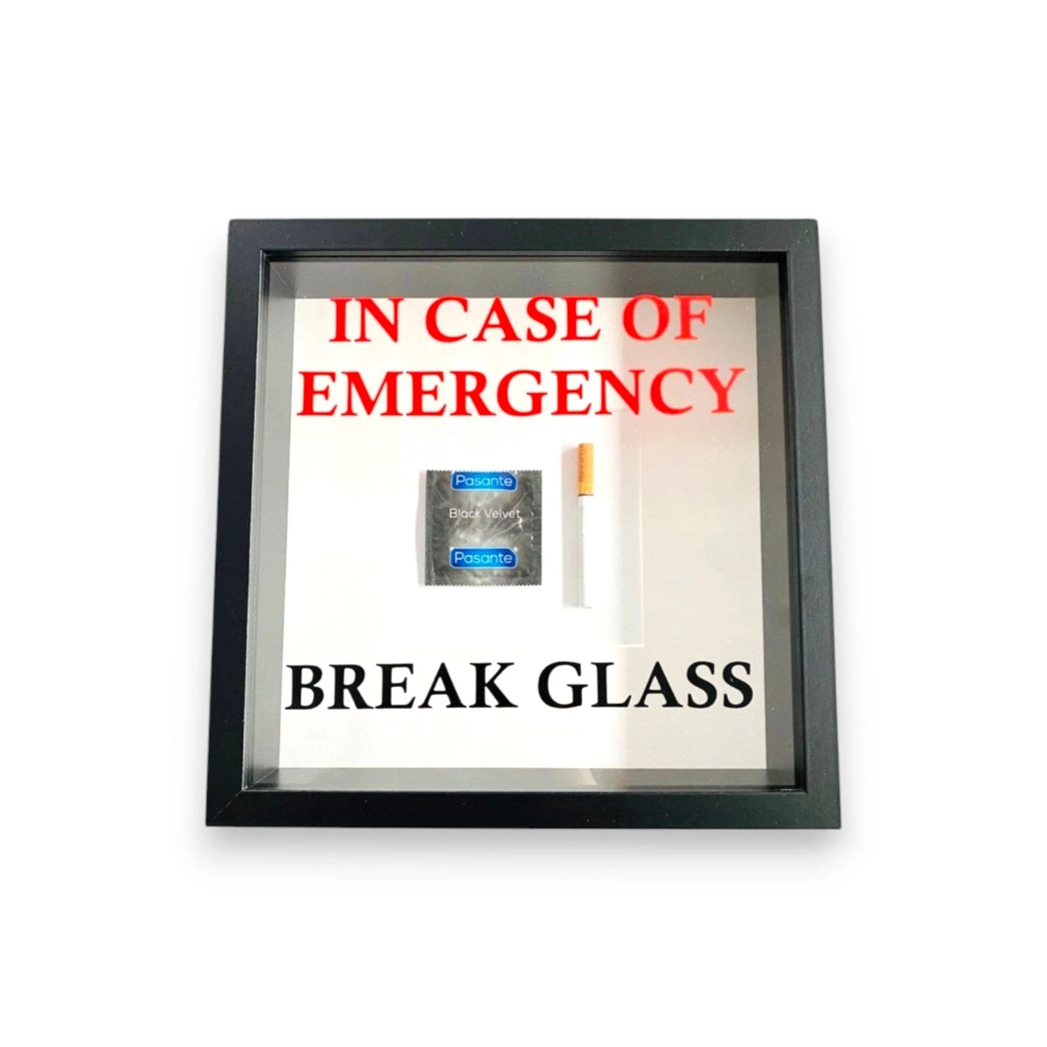 "In Case of Emergency Break Glass" – Wandbild mit Kondom/Zigarette schwarzer Rahmen - from DieBallerei