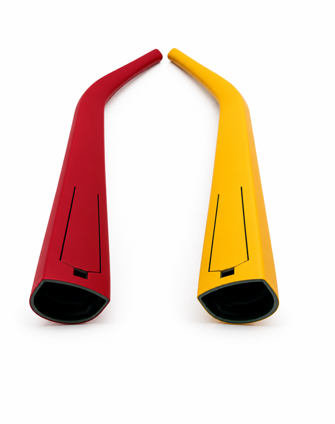 Roter und gelber Sonnenbrillenbügel mit sichtbaren Hohlräumen und kleinen Klappen.