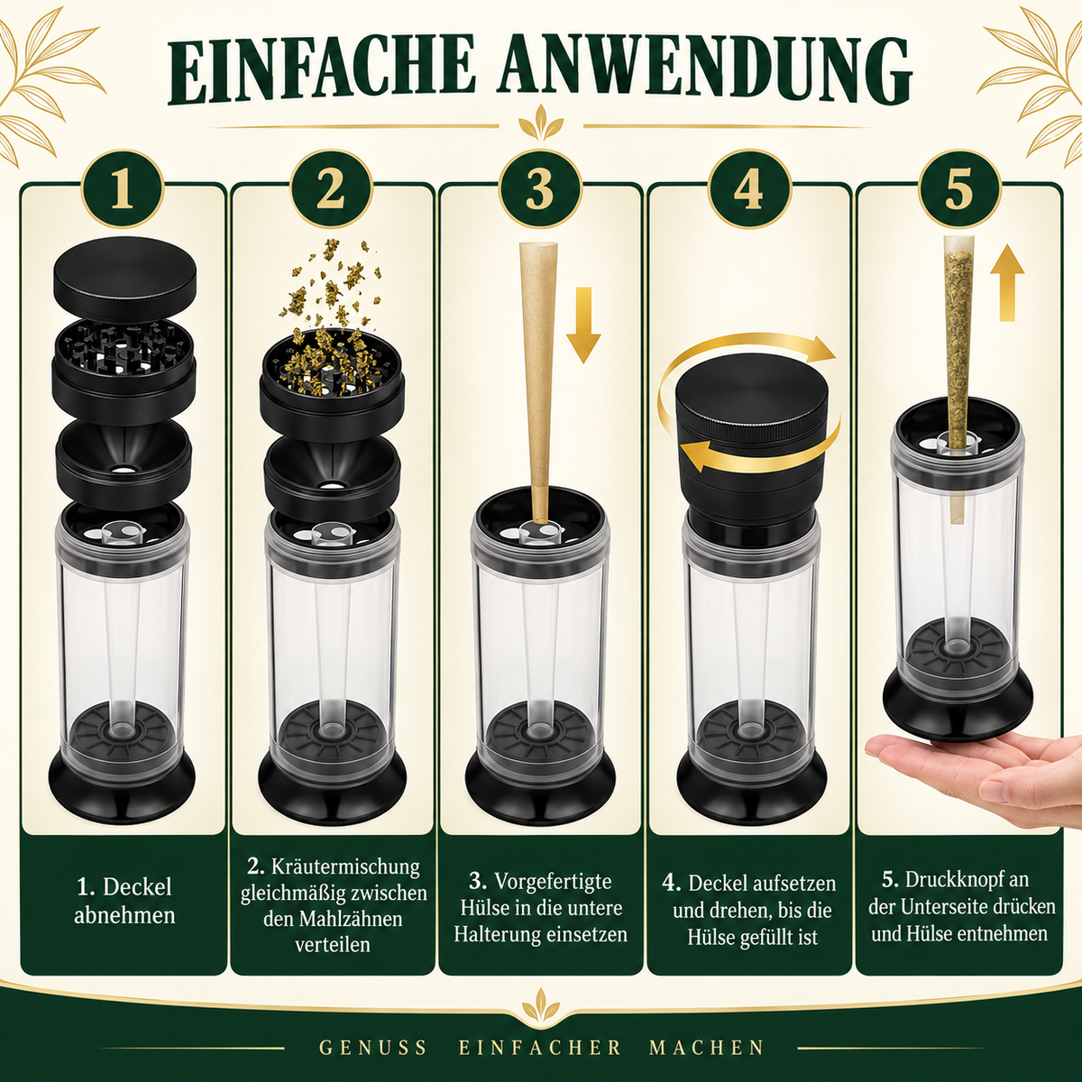 Schwarzer Cone Filler mit Grinder und Behälter mit 50 Hülsen