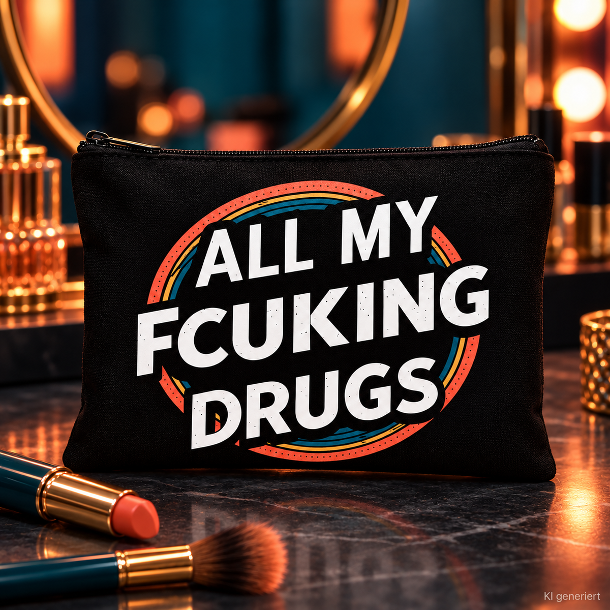 Schwarze Kosmetiktasche neben Lippenstift und Make-up-Pinsel vor petrolblauem Hintergrund mit orangefarbenem Licht, KI-generiert