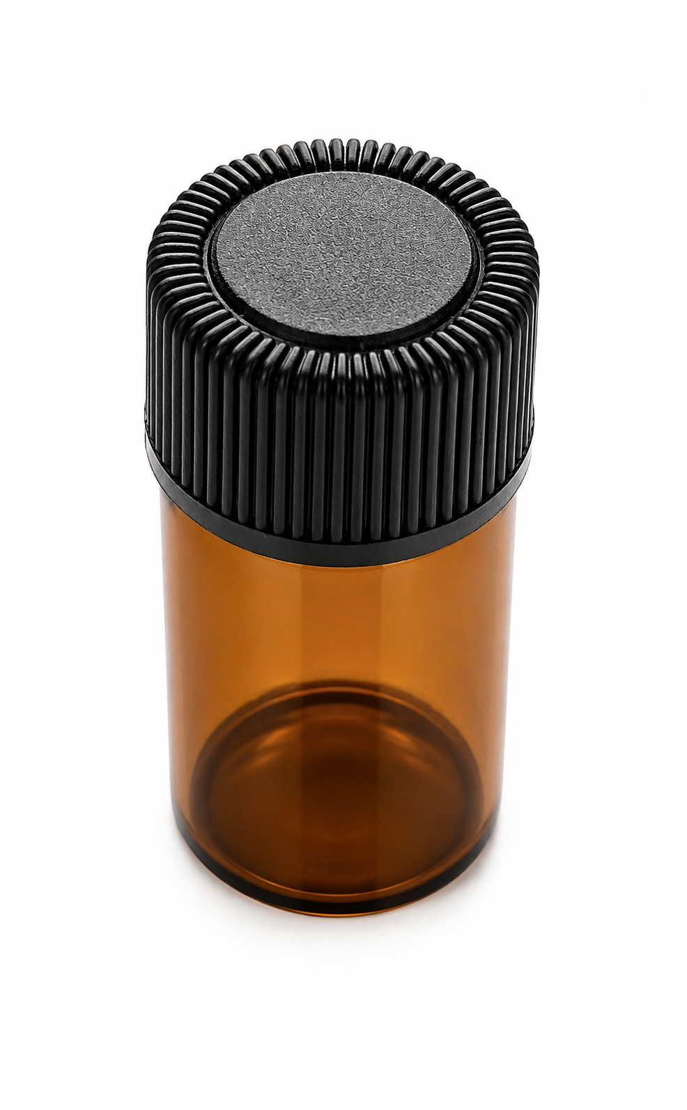 Braunes Mini-Fläschchen mit schwarzem Schraubdeckel als Dosierer und Spender