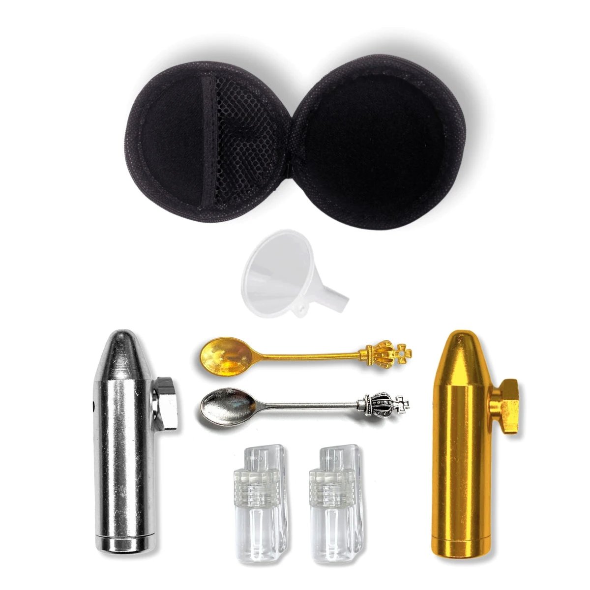 Rundes Hard Case Schnupftabak Schnupfset inkl. 2x Alu Dosierer, 2x Mini Löffel Krone, 2x Mini Portionierer mit aufklappbarem Löffel, 1x Mini Trichter - from DieBallerei