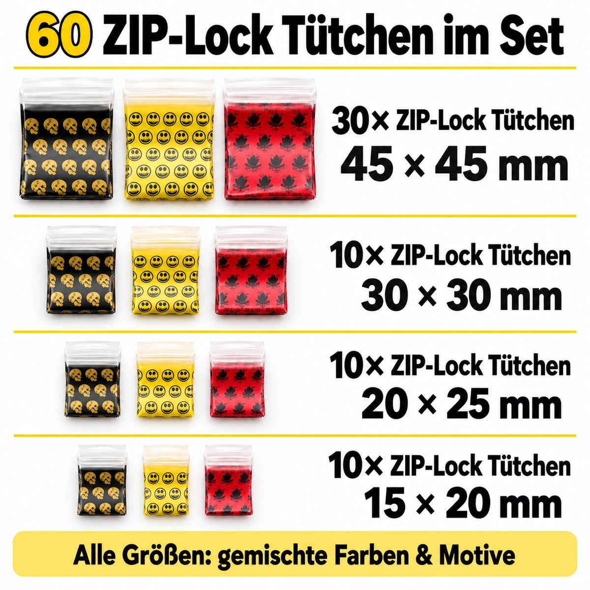 Tütchen-Set (60 Stück) – Wiederverschließbare ZIP-Lock Beutel in Verschiedenen Größen & Farben