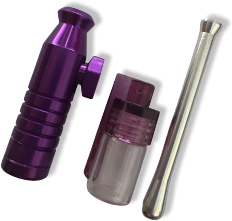 SET Lila Sniff Snuff Sniffer Schnupf Spender Dispenser (Röhrchen, Spender mit Löffel, Dosierer) in Soft Case Schwarz - Lila / Pink