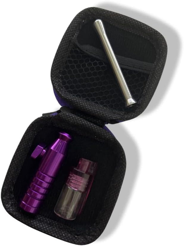 SET Purple Sniff Snuff Sniffer Snuff Dispenser Distributeur (tube, distributeur avec cuillère, distributeur) dans un étui souple noir - violet / rose