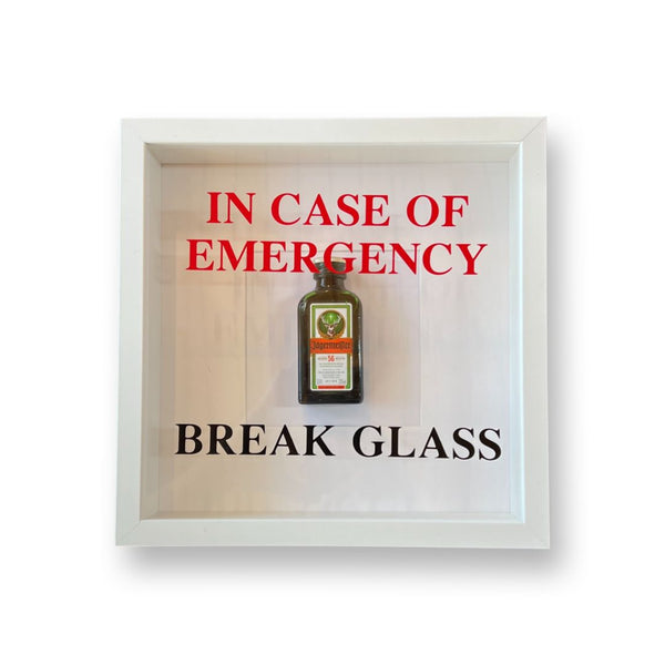 Tableau mural « En cas d'urgence - Bris de verre - Jägermeister amusant avec cadre photo blanc