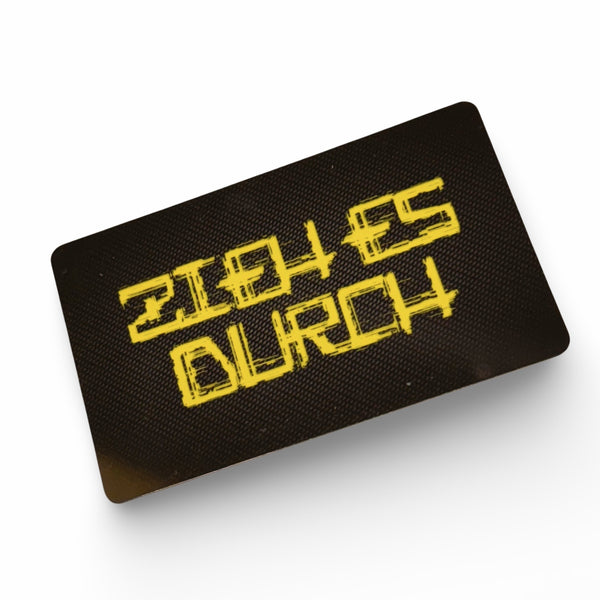 Card "PULL IT THROUGH" in carbon look in EC card/ID card format for snuff - hack card - yellow