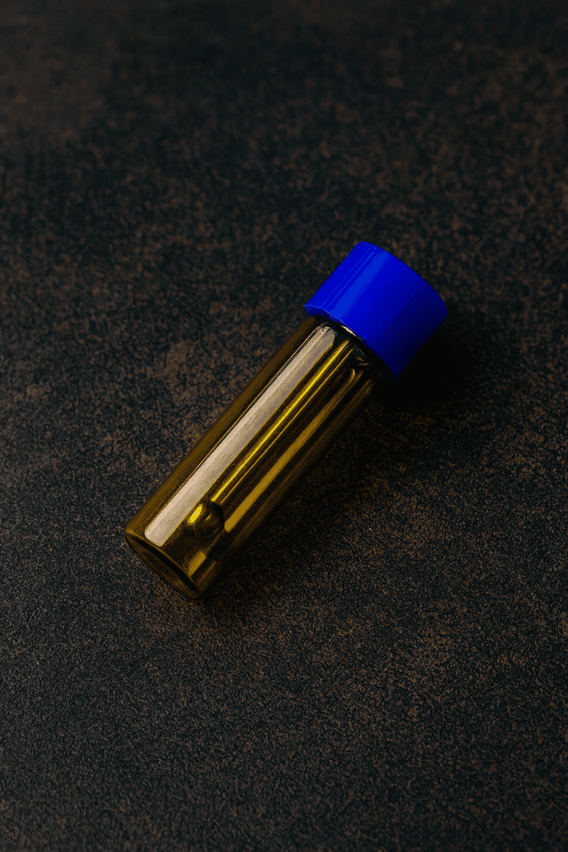 Baller-Fläschchen mit Teleskoplöffel – Braun mit blauem Deckel