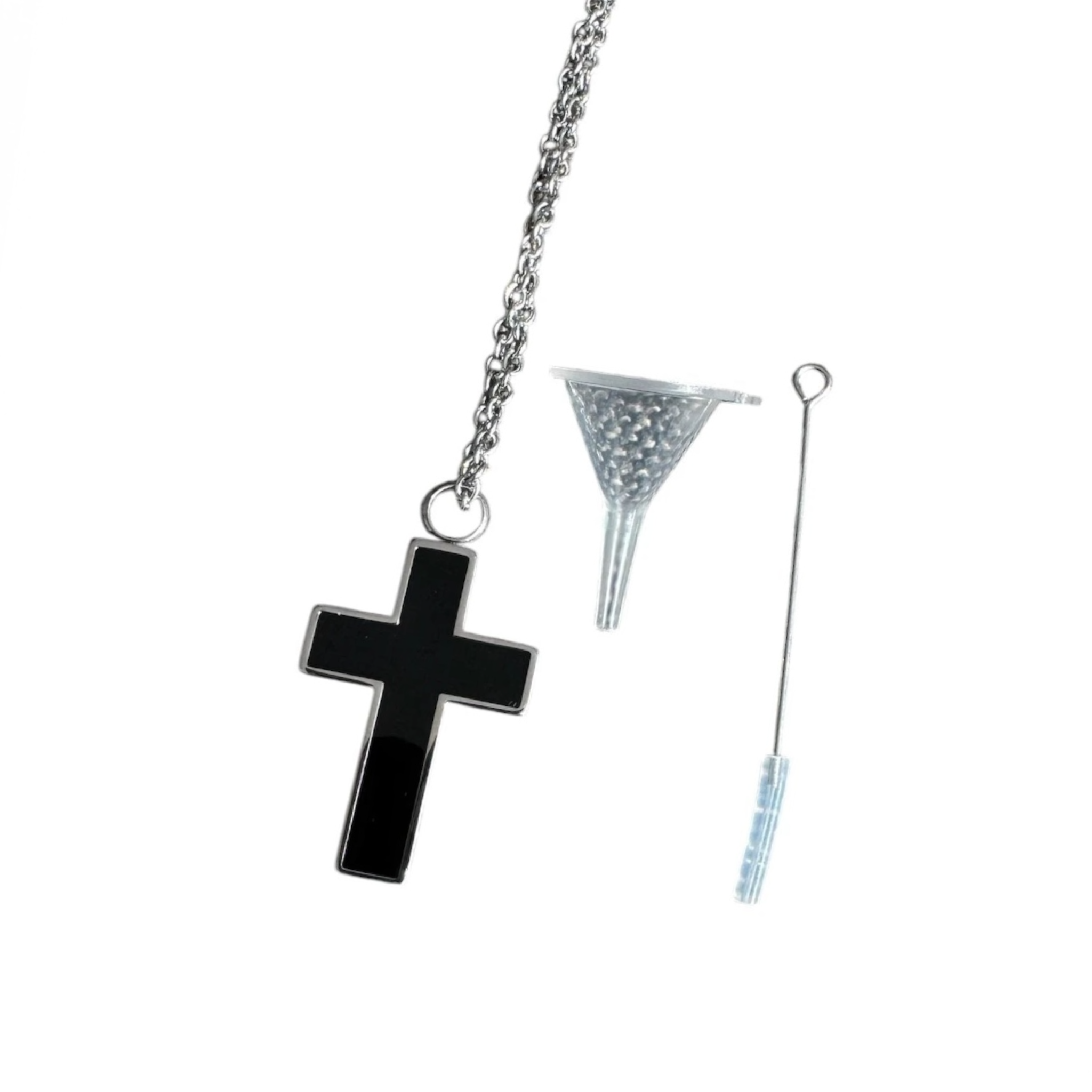 Cross necklace with secret compartment – stainless steel, 50 cm, incl. mini funnel