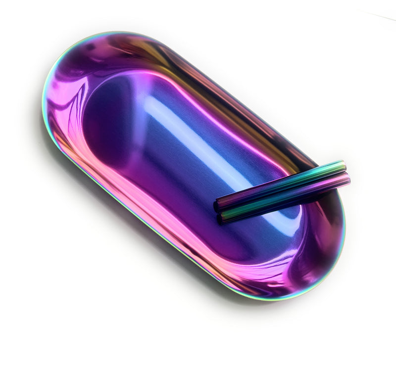 SET Rainbow 1x planche métallique comprenant 2 tubes à dessin dans un bloc à dessin/paille au look arc-en-ciel fantaisie, stable et élégant
