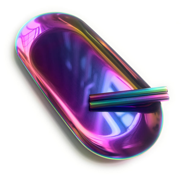 SET Rainbow 1x planche métallique comprenant 2 tubes à dessin dans un bloc à dessin/paille au look arc-en-ciel fantaisie, stable et élégant