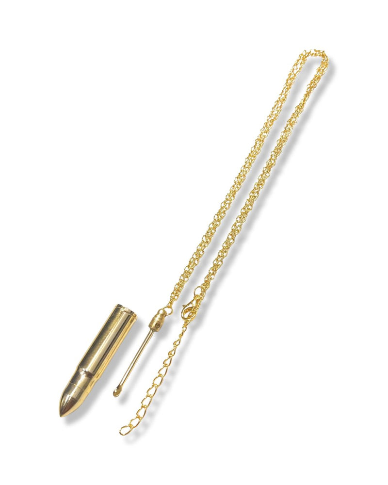 Élégant pendentif cartouche/boîtier de cartouche avec mini cuillère cachée sur collier de 45 cm en or