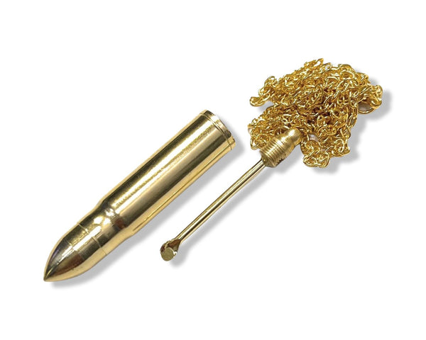 Élégant pendentif cartouche/boîtier de cartouche avec mini cuillère cachée sur collier de 45 cm en or