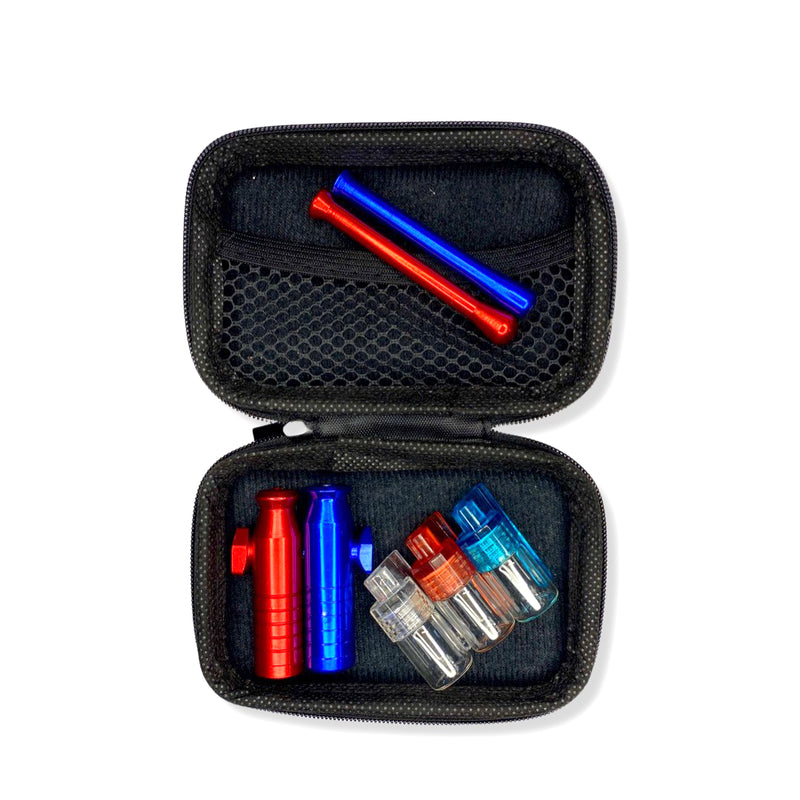 Snuff set in a hard case including 2x drawing tubes, 2x aluminum dispensers and 3x mini dispensers with spoon