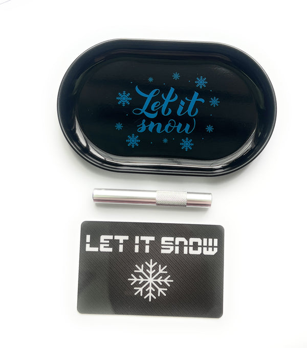 SET Let it snow bleu 1x planche en métal (tôle) avec tube à dessin et carte Let it snow/carte à découper