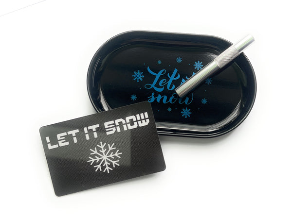 SET Let it snow blau 1x Metall (Blech) Brettchen inkl. Ziehröhrchen und Let it snow Karte/Hackkarte