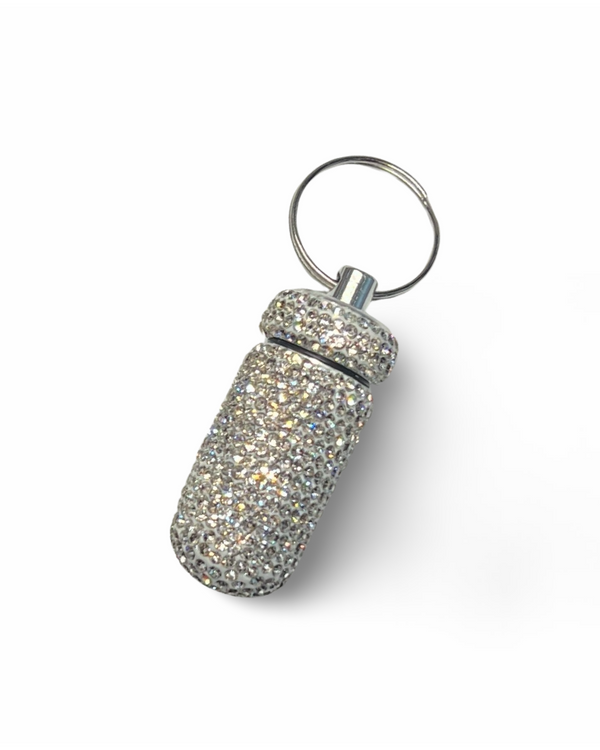 Boîte de rangement capsule pilulier aluminium avec bouchon à vis et porte-clés décoration strass argent