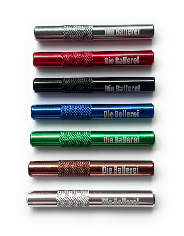Röhrchen mit "Die Ballerei" Gravur  aus Aluminum - für deinen Schnupftabak - Ziehröhrchen Länge 70mm 7 Farben zur Wahl