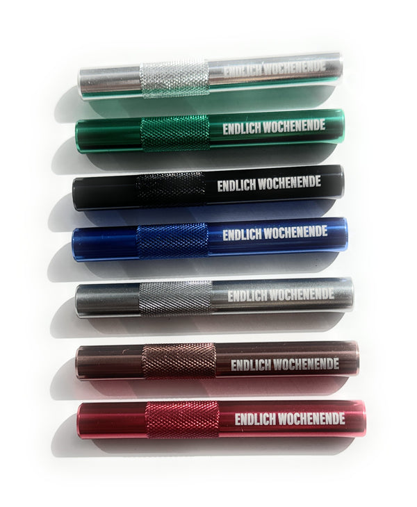 Tube with "Finally Weekend" engraving made of aluminum - for your snuff - drawing tube length 70mm 7 colors to choose from