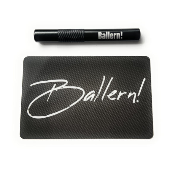 Aluminum tube set in black/ribbed (70mm) with laser engraving and hack card “Ballern!”