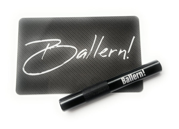 Aluminum tube set in black/ribbed (70mm) with laser engraving and hack card “Ballern!”