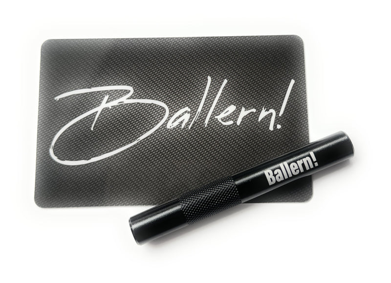 Alu Röhrchen Set in schwarz/geriffelt (70mm) mit Laser Gravur und Hack-Karte „Ballern!"