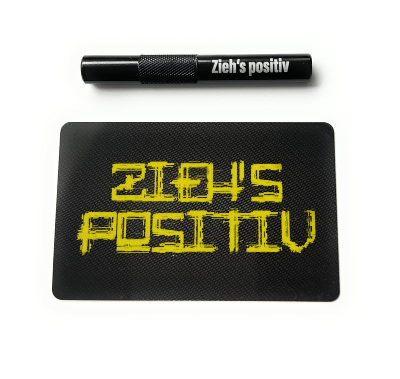Aluminum tube set in black/ribbed (80mm) with laser engraving and hack card “Zieh's Positiv”