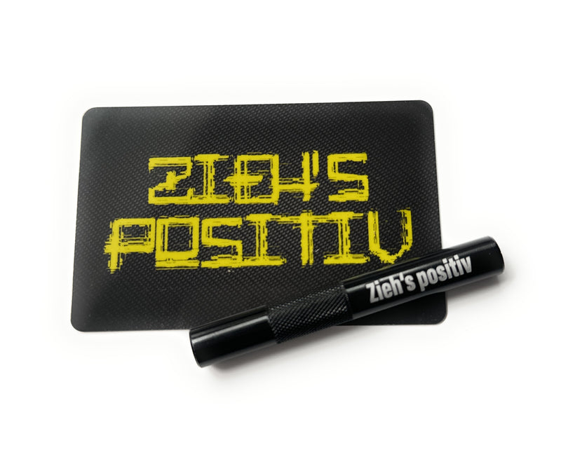 Aluminum tube set in black/ribbed (70mm) with laser engraving and hack card "Zieh's Positiv"
