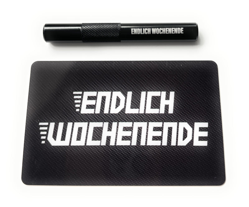Aluminum tube set in black/ribbed (80mm) with laser engraving and hack card “Finally the weekend”