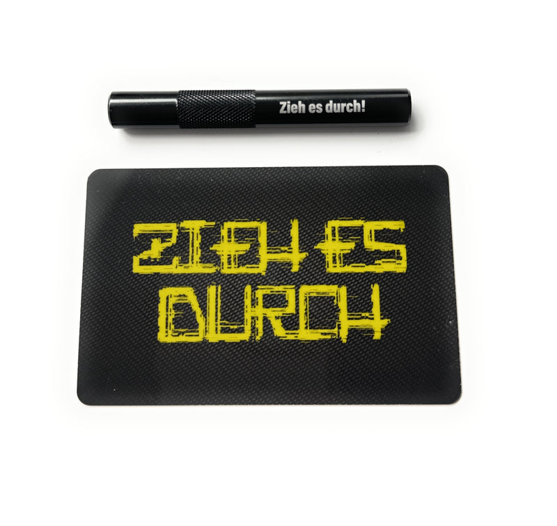 Alu Röhrchen Set in schwarz/geriffelt (70mm) mit Laser Gravur und Hack-Karte „Zieh es durch gelb"