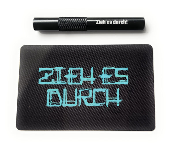 Aluminum tube set in black/ribbed (80mm) with laser engraving and hack card “Pull it through blue”