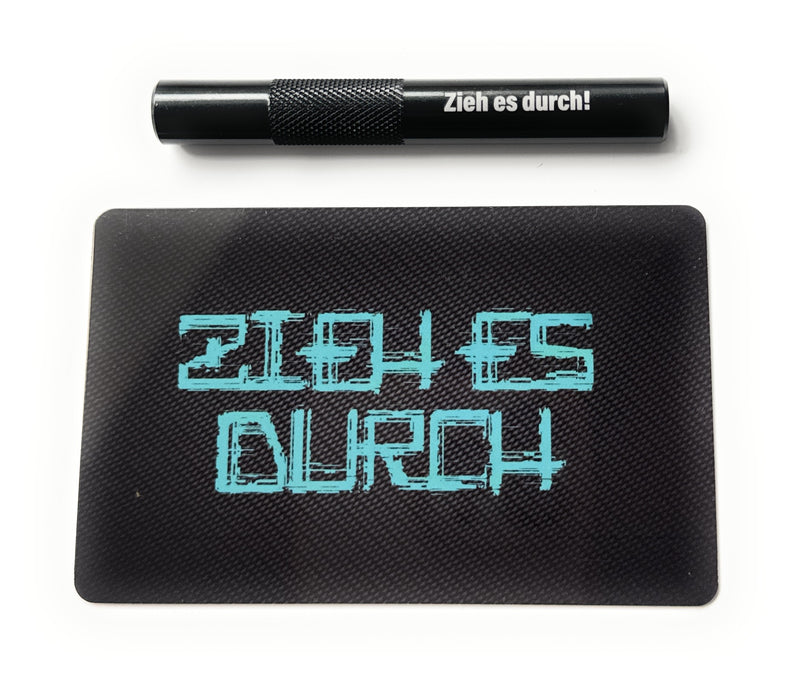 Aluminum tube set in black/ribbed (70mm) with laser engraving and hack card “Pull it through blue”