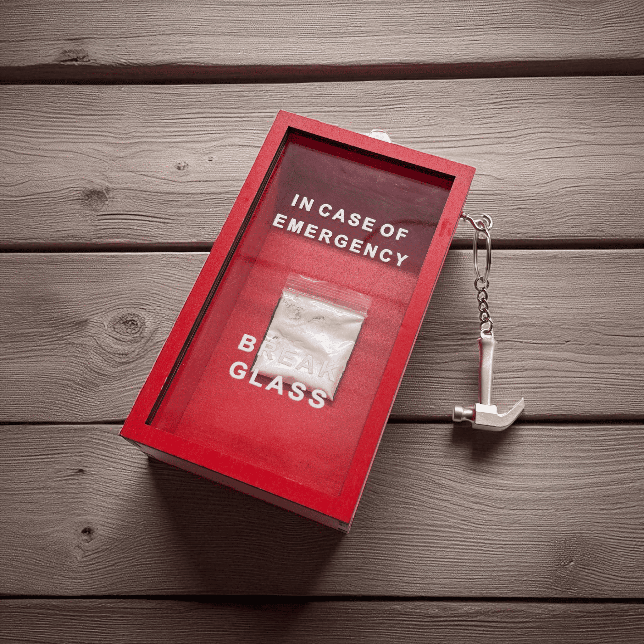 „In Case of Emergency Break Glass“ – Lustige Holzkiste mit Hammer & Kokain-Tütchen-Attrappe | Rote Scherzbox als Geschenkidee für Männer & Frauen