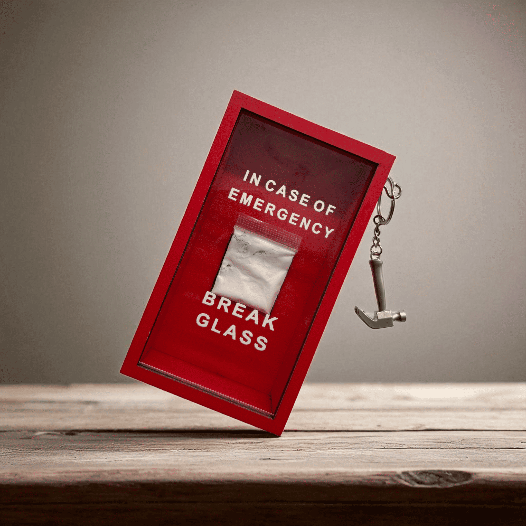 „In Case of Emergency Break Glass“ – Lustige Holzkiste mit Hammer & Kokain-Tütchen-Attrappe | Rote Scherzbox als Geschenkidee für Männer & Frauen