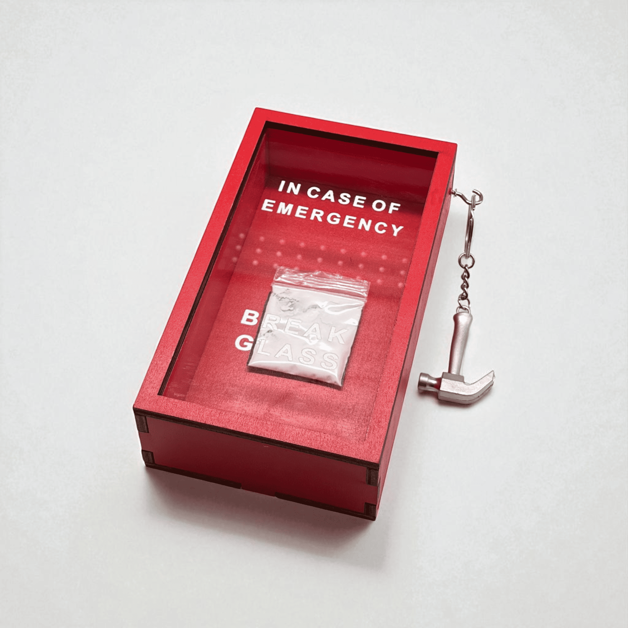 „In Case of Emergency Break Glass“ – Lustige Holzkiste mit Hammer & Kokain-Tütchen-Attrappe | Rote Scherzbox als Geschenkidee für Männer & Frauen