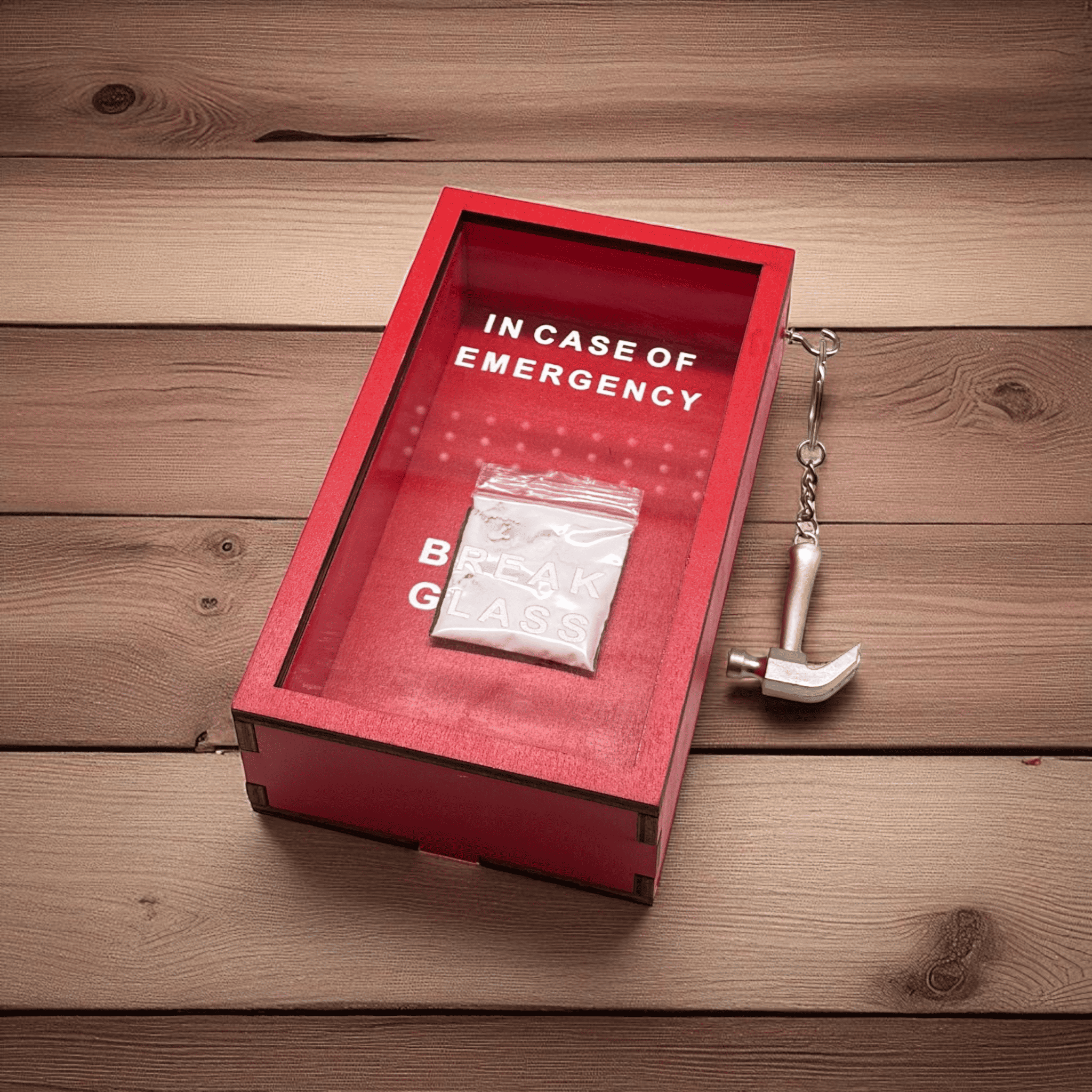 „In Case of Emergency Break Glass“ – Lustige Holzkiste mit Hammer & Kokain-Tütchen-Attrappe | Rote Scherzbox als Geschenkidee für Männer & Frauen