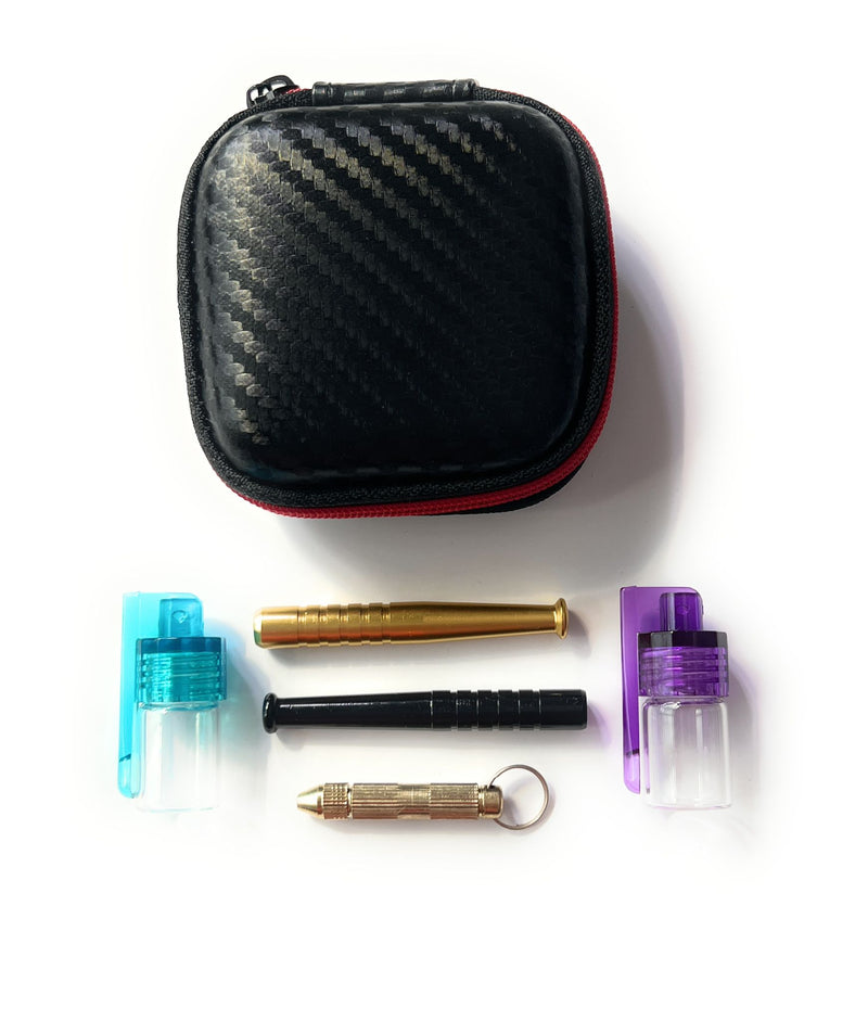 Edles Schnupftabak Set, kleines Hard Case Schnupfset Deluxe in schwarzem Case mit zwei Röhrchen, zwei Dosieren und kleinem Löffel