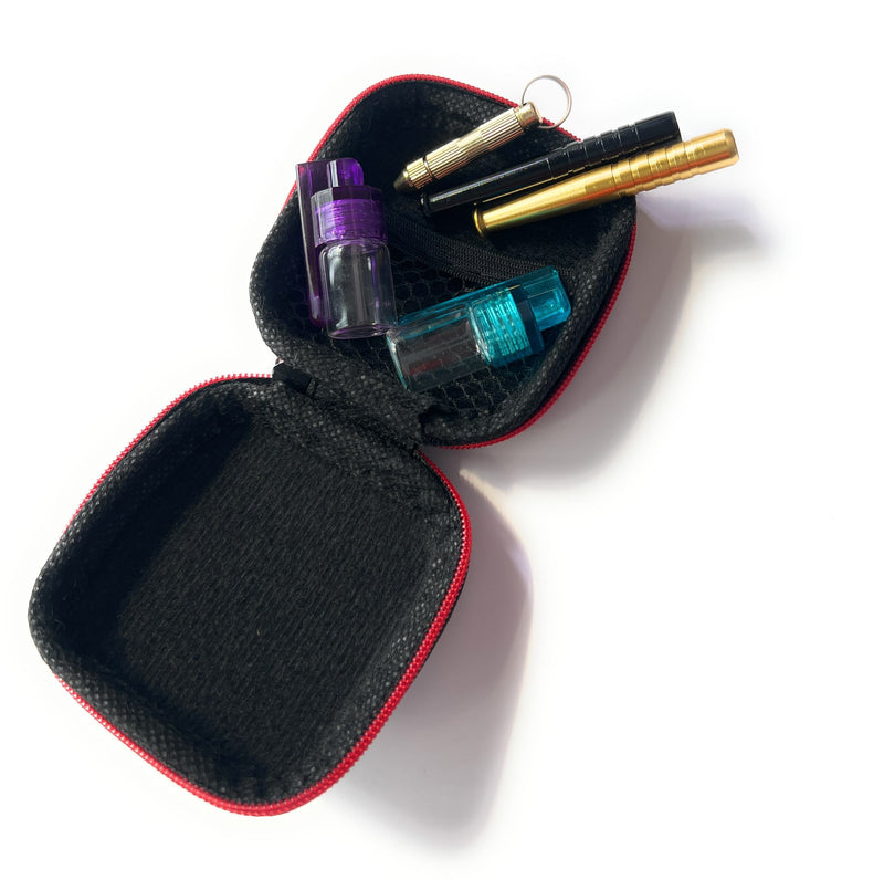 Elegant snuff set, small hard case snuff set deluxe in a black case with two tubes, two doses and a small spoon