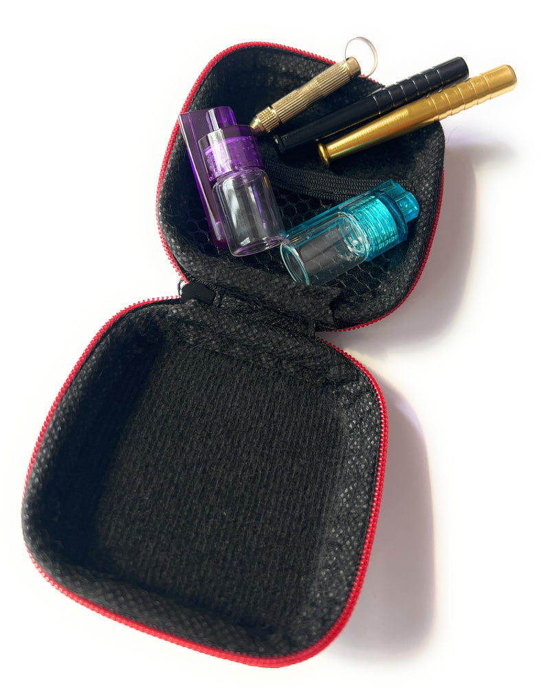 Edles Schnupftabak Set, kleines Hard Case Schnupfset Deluxe in schwarzem Case mit zwei Röhrchen, zwei Dosieren und kleinem Löffel